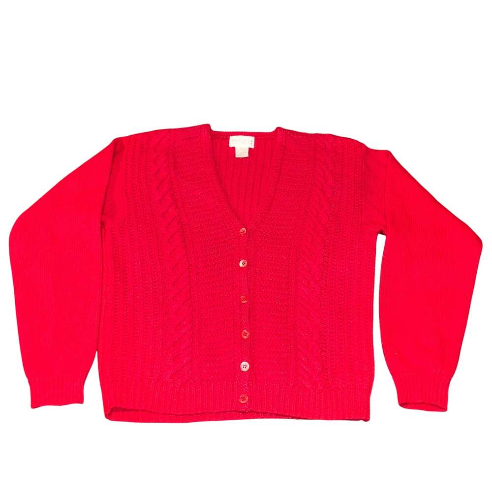 VTG Nordstrom Petite Cardigan S Red Lambswool Angora Blend Cable Knit Hongkong